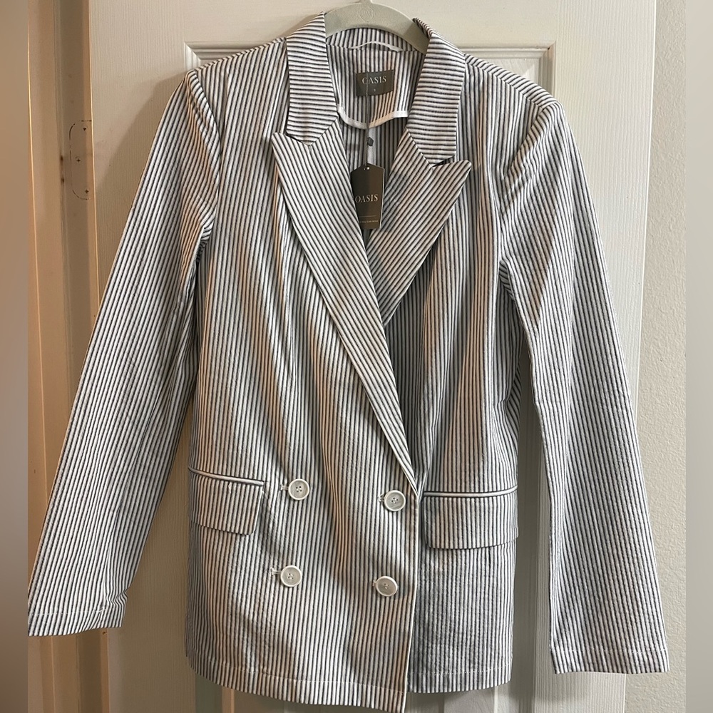 Oasis double-breasted seersucker cotton blazer Small